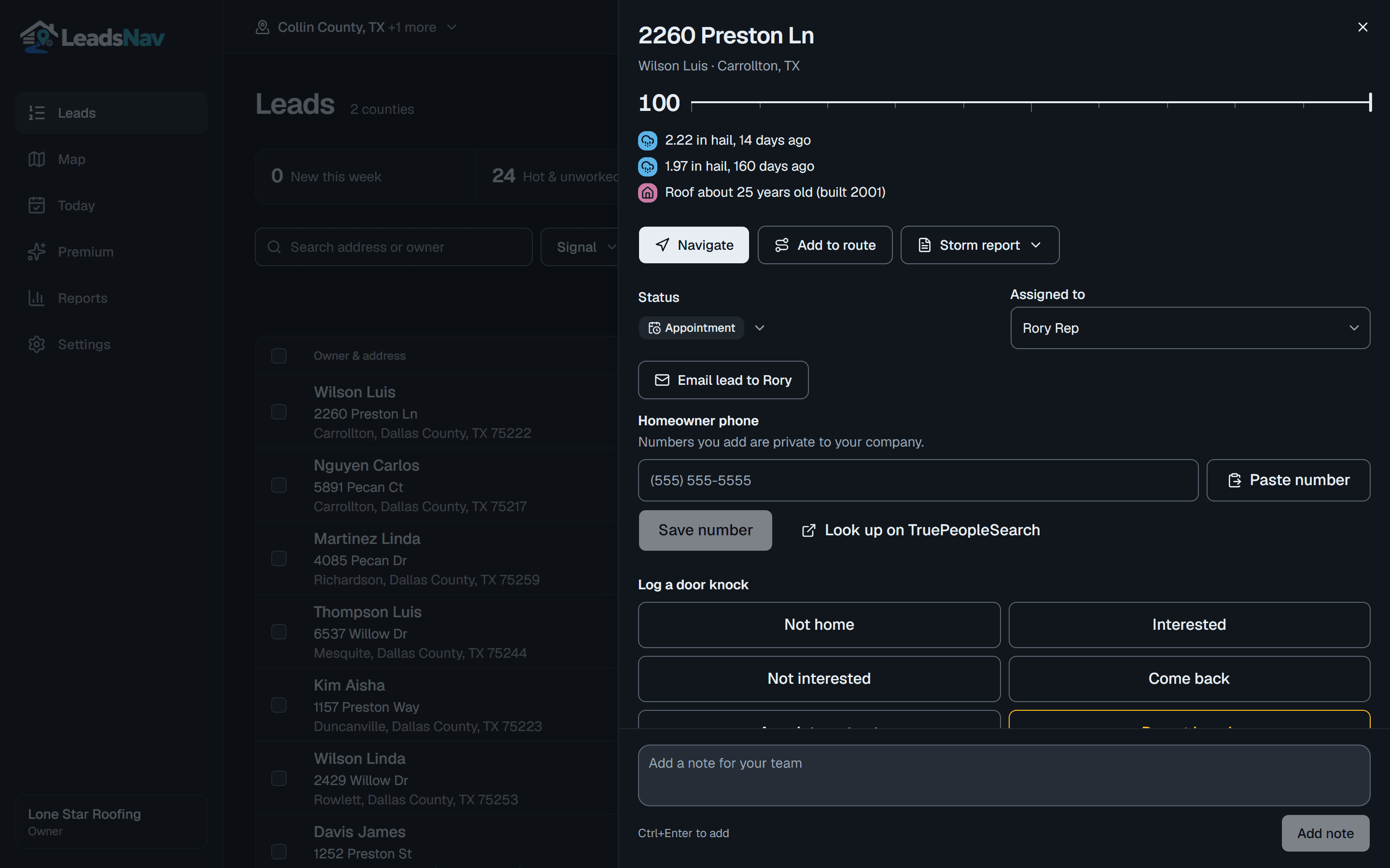 A lead's detail panel: score, reasons, navigate, status, assignee, phone and property facts