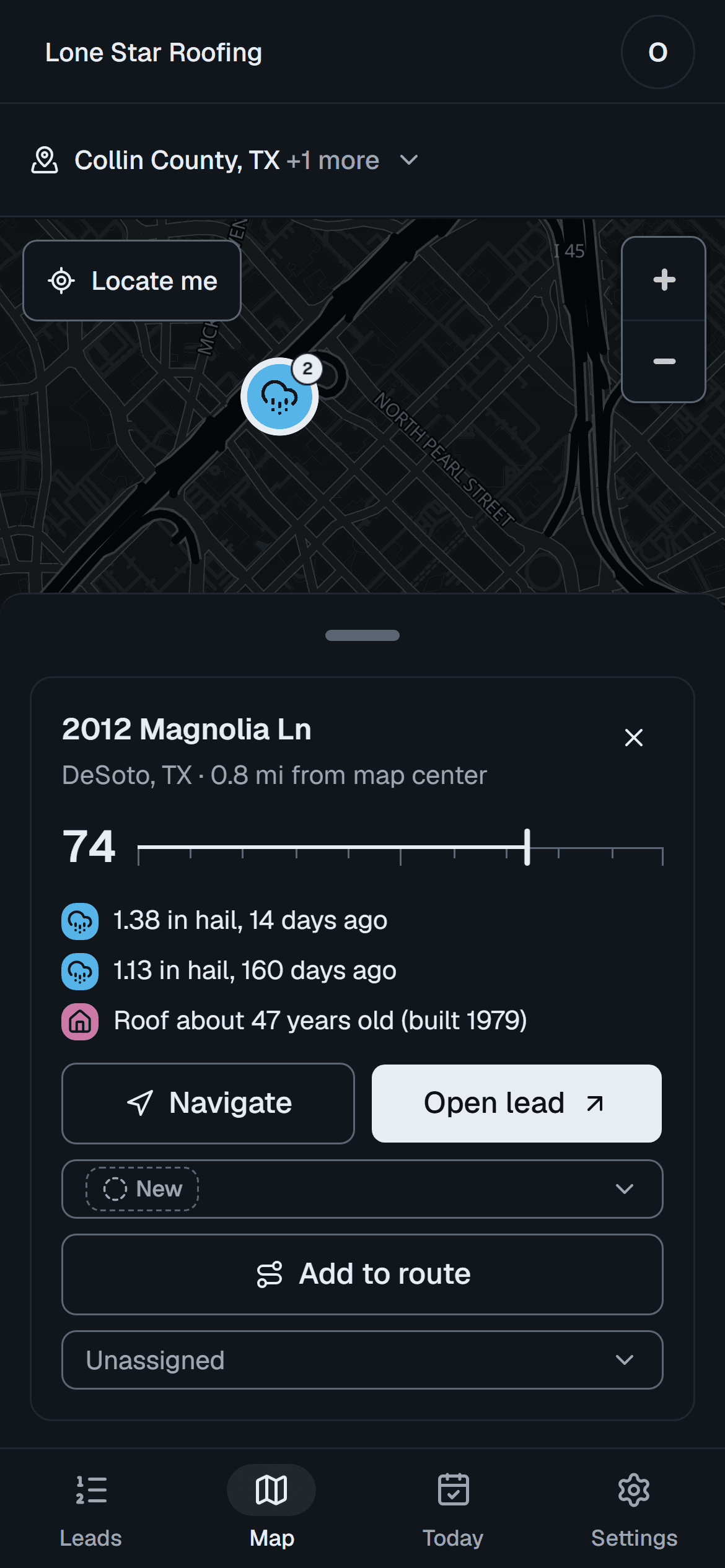 The map on a phone: lead markers over the street map and a lead card with score, reasons, Navigate and status