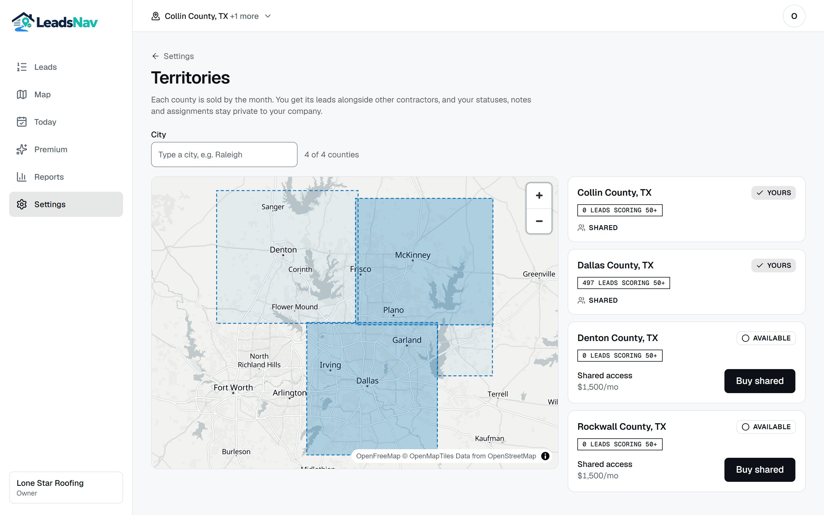 The county picker: a map of counties beside cards marking each one Yours or Available, with a Buy shared button